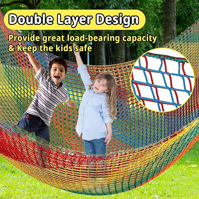 Climbing Net 14.7' x 9.8', Double Layers Playground Safety Net for Kids, Multicolored Climbing Cargo Net for Tree House, Obstacle Training, Back Yard