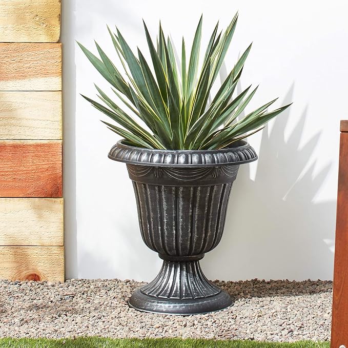 Arcadia Garden Products PL00SL Classic Traditional Plastic Urn Planter, Indoor/Outdoor Garden Plant Pot Garden Décor, 16” x 18”, Brushed Silver