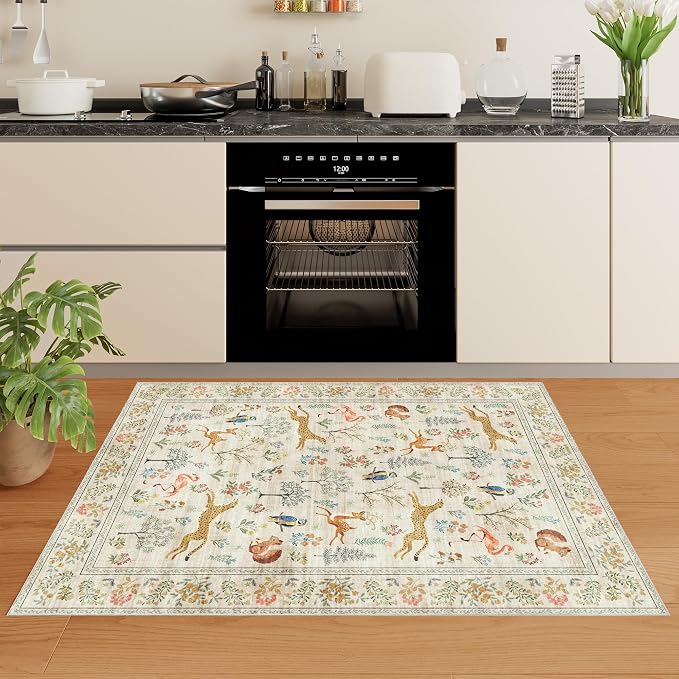 DUKINO 3x5 Rug, Washable Animal Area Rug for Bedroom Non Slip, Beige | Low Pile, Stain Resistant, Soft Indoor Carpet for Living Room, Kitchen, Dining Room, Nursery, Lightweight, Pet Friendly