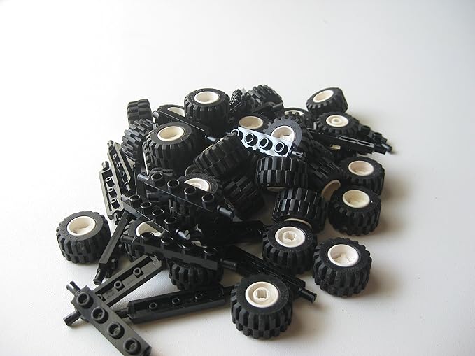LEGO City Complete Wheel Assembly Lot, 20 Black Axles, 40 Black Rubber Tires, 40 White Wheels