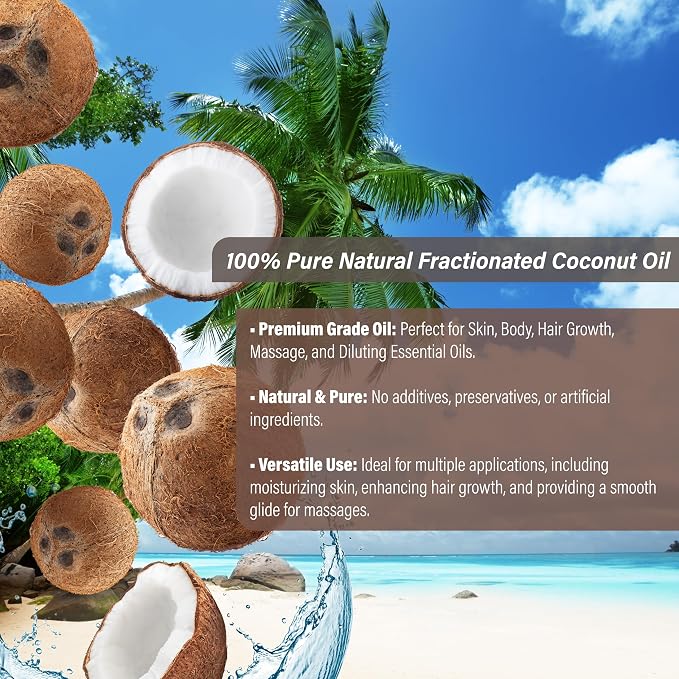 Fractionated Coconut Oil 2 fl. oz. 100% Pure MCT Natural Carrier - Skin, Face, Body, Massage and Hair Growth Moisturizer, Great for Diluting Aromatherapy Essential Oils