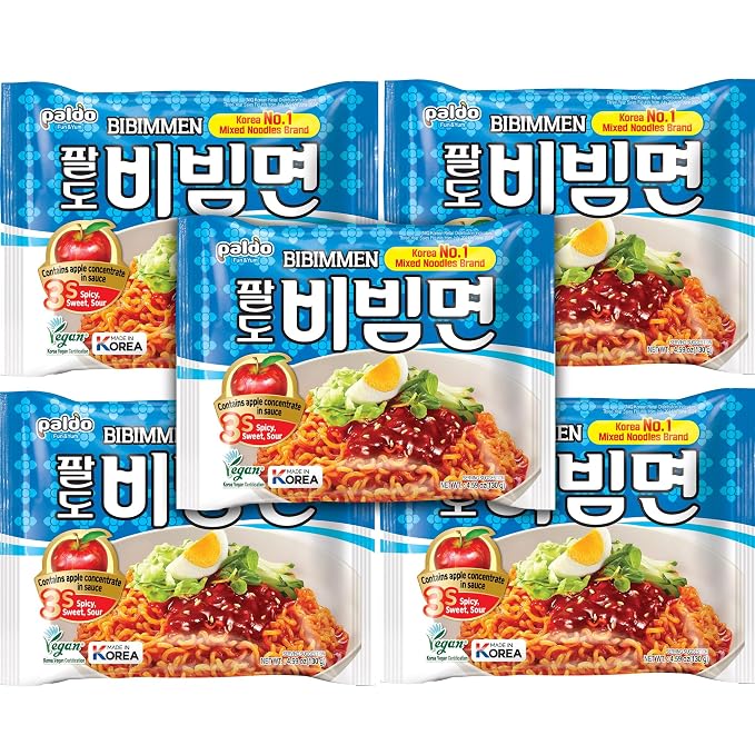 Paldo Fun & Yum Bibim Men Instant Cold Noodles, Pack of 5, Brothless Cold Ramen with Sweet & Spicy Seasoning Sauce, Oriental Style Korean Ramyun, Soupless K-Food, (130g, Pack of 5)
