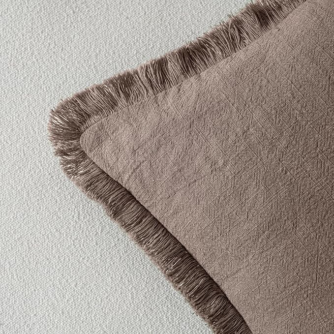 MIULEE Linen Fringe Decorative Fall Euro Pillow Covers Malt Ball 22x22 | Set of 2, Cottagecore Decor, Boho Farmhouse Neutral Throw Pillow Covers, Rustic Fall Couch Cushions for Sofa Bed Living Room
