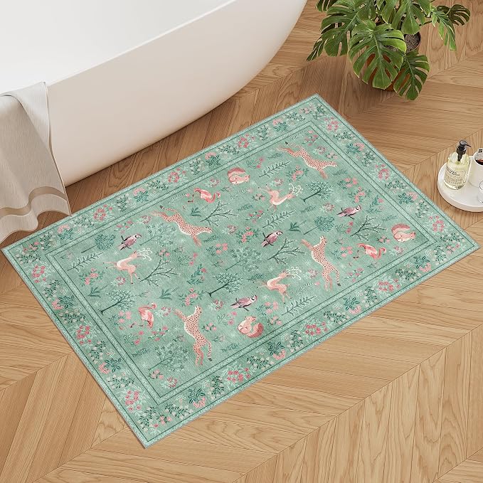DUKINO 2x3 Entryway Rug, Washable Door Mat Animal Rug for Kitchen, Teal | Non Slip, Low Pile, Soft Indoor Small Rug for Entrance, Bedroom, Bathroom, Laundry, Pet Friendly, Lightweight, Non-Shedding