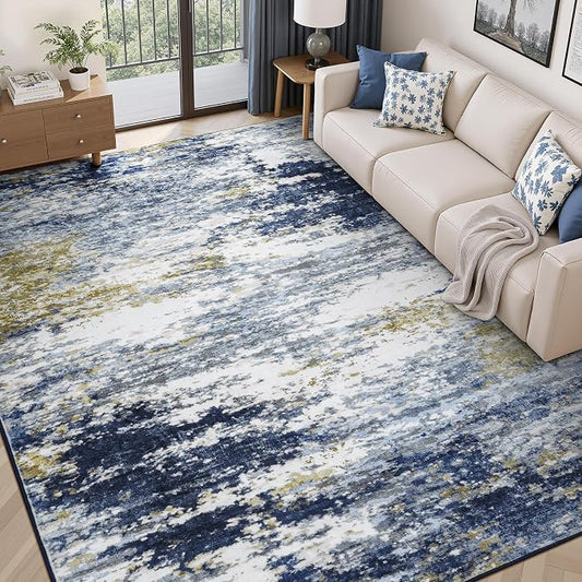 5x7 Area Rug for Living Room, Abstract Washable Non-Slip Rugs, Dark Blue | Neutral Carpet for Bedroom, Dining Room, Home Office, Nursery,Indoor, Stain Resistant, Low Pile, Non-Shedding Modern Rug