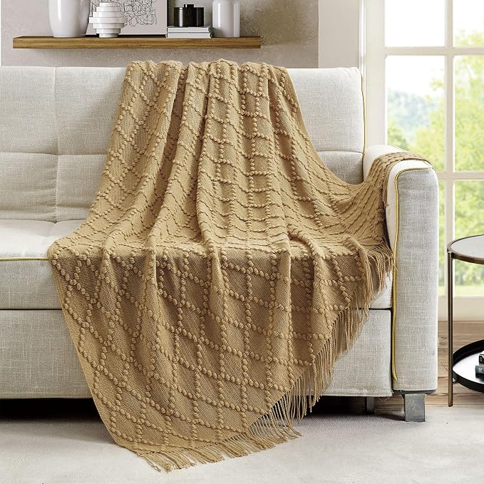 BOURINA Mustard Throw Blanket 50 x70 Inch Jacquard Throw Knitted Blanket | Jacquard Argyle Throw Textured Solid Soft Throws and Blankets for Sofa or Bed Knitted Decorative Blanket