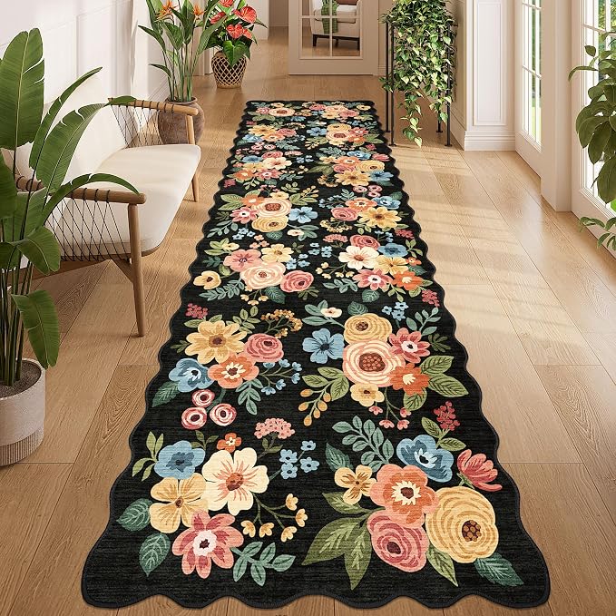 DUKINO 3x10 Runner Rug, Non Slip Floral Washable Rug for Hallway, Black | Low Pile, Soft, Stain Resistant Throw Carpet Runner for Kitchen, Entryway, Bedroom, Bathroom, Lightweight, Modern Home Decor
