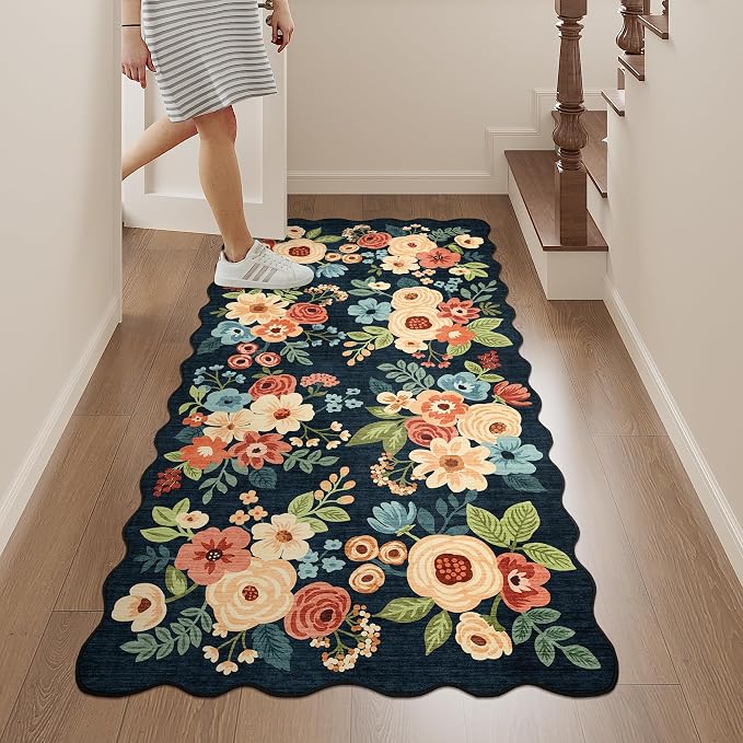 DUKINO 2x4 Rug for Entryway, Floral Washable Kitchen Rugs, Navy Blue | Non Slip, Low Pile, Soft Throw Runner Rug for Hallway, Bedroom, Bathroom, Laundry, Pet Friendly, Home Decor, Stain Resistant
