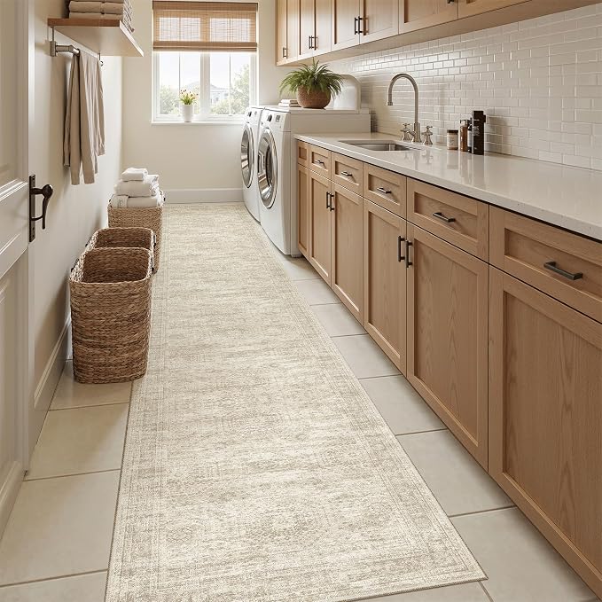 Soalmost Runner Rug 2x10 Washable Non-Slip Hallway Kitchen Runners Beige | Stain Resistant Vintage Rugs for Bathroom Laundry Room, Low Pile Foldable Floor Carpet Mat for Entryway Corridor Bedroom