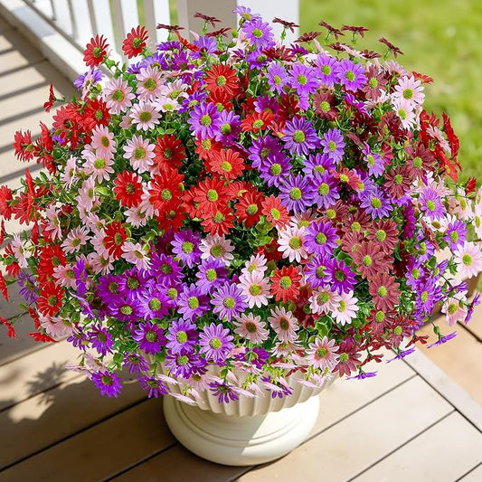 Alupssuc 20 Bundles Artificial Daisies Flowers Fake Plant for Indoor Outdoor Decor, Faux Spring Flowers for Garden, Porch & Patio Decoration,RedPurpleBrownPink