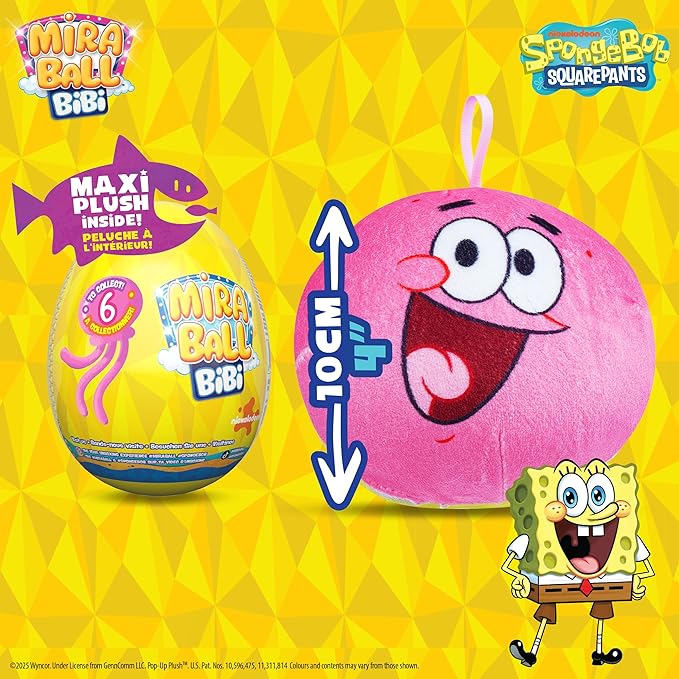 MiraBall Bibi Spongebob - Surprise Egg Capsule with Memory Foam Expandable Plush Toy – 3.7" (9.5cm) Soft Collectible with Hidden Surprises – Fun Gift for Kids, Parties, Holidays, Stocking Stuffers