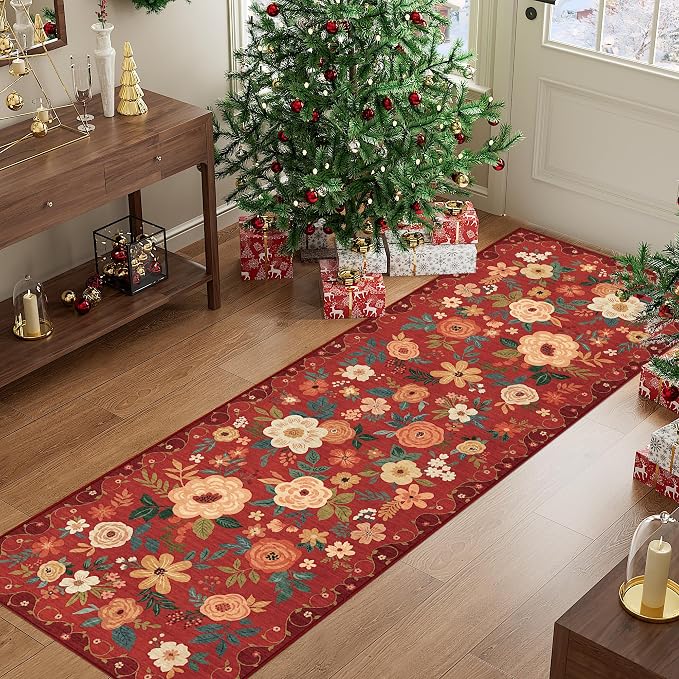 DUKINO 2x6 Runner Rug for Hallway, Washable Kitchen Rugs Non Slip, Red | Low Pile, Soft, Floral Indoor Rug for Entryway, Bedroom, Laundry, Bathroom, Pet Friendly, Lightweight, Modern Home Decor
