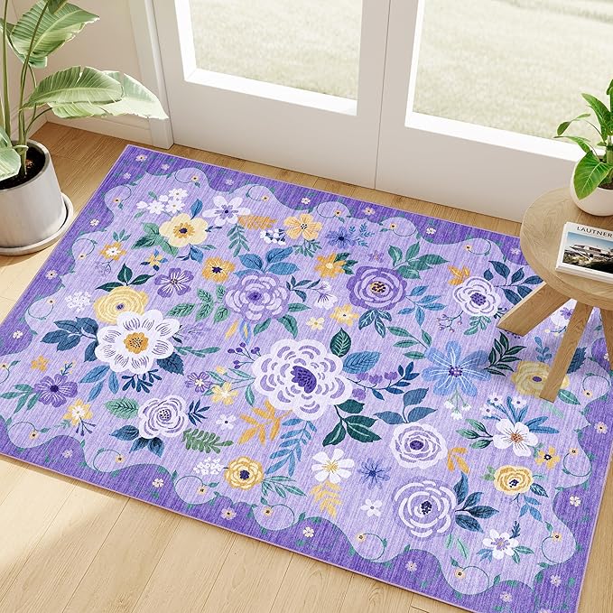DUKINO 2x3 Entryway Rug, Floral Door Mat Soft Washable Rug Non Slip, Purple | Low Pile, Non-Shedding Small Rug for Kitchen, Entrance, Bedroom, Bathroom, Pet Friendly, Stain Resistant, Modern Home Decor