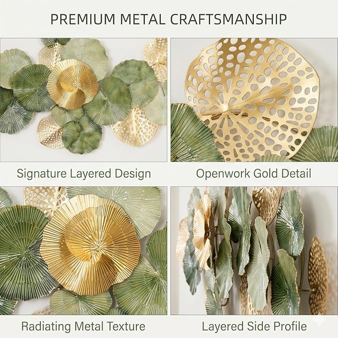 Axioglo 51" Large Wall Decor 3D Lotus Leaf Metal Wall Art for Living Room | 51" x 25" metal wall decor with layered metal texture, mounting hardware, two-way display