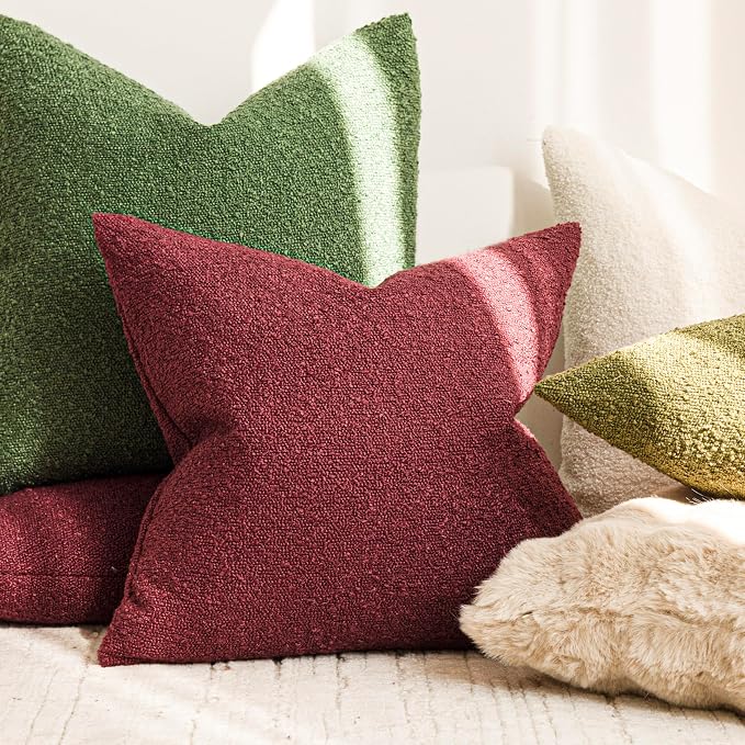 Foindtower Set of 2, Decorative Textured Boucle Throw Pillow Covers Accent Solid Pillow Cases Neutral Cozy Couch Cushion Case for Chair Sofa Bedroom Living Room Home Decor 24 x 24 Inch Hunter Green
