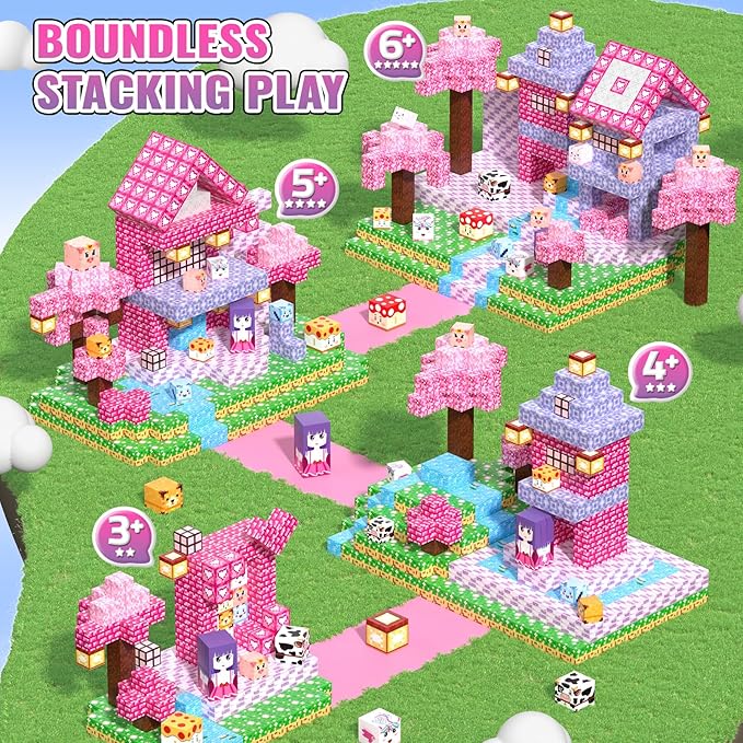 Magnetic Building Blocks Cubes: SETM Educational Toys for Girls Aged 3-12 - Pink 100 PCS, Birthday Gift, Pixel Blossom World