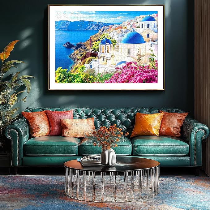 500 Piece Jigsaw Puzzle for Adults - Santorini Blue Domes: Greek Island Coastal View with Unique Shaped Pieces, 23x15 Inch Unique Art Puzzle, Challenging Hard Difficult Puzzles for Adults