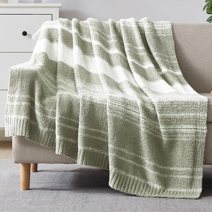 Soft Twin Blanket for Bed-Cozy Warm Reversible Knitted Blankets | Lightweight Fluffy Decor for Women, Mom, Her & Girls, Sofa, Chair, Couch, 60x80in,Sage Green Stripe