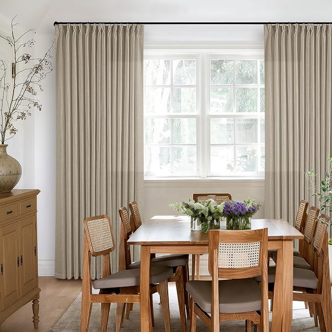 Extra Long Pinch Pleated Linen 108 Inch Curtains 2 Panels Set for Living Room Bedroom Farmhouse Tan Brown Cotton Flax Back Tab Memory Shape Pinch Pleat Ceiling Floor Window Curtains 9 FT Grey Beige