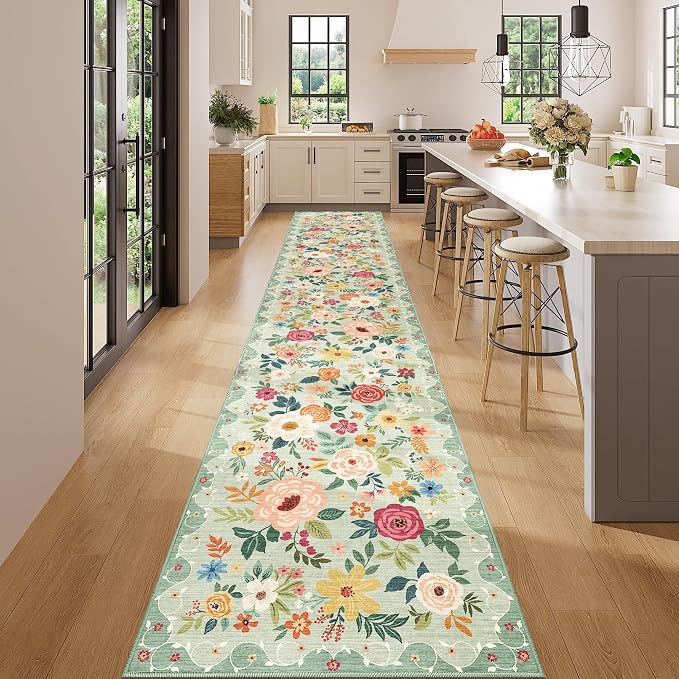 DUKINO 2x14 Runner Rug, Washable Long Kitchen Runner Rug Non Slip, Green | Floral, Low Pile, Soft Indoor Runner Rug for Hallway, Entryway, Bedroom, Bathroom, Laundry, Pet Friendly, Modern Home Decor