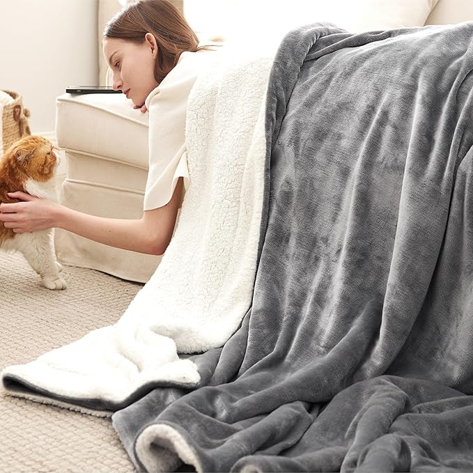 Bedsure GentleSoft Sherpa Fleece King Blankets for Bed, Non-Heated, Thick and Warm Throw for Women and Men, Soft Fuzzy Plush King Blanket for Winter, Grey, 108x90 Inches