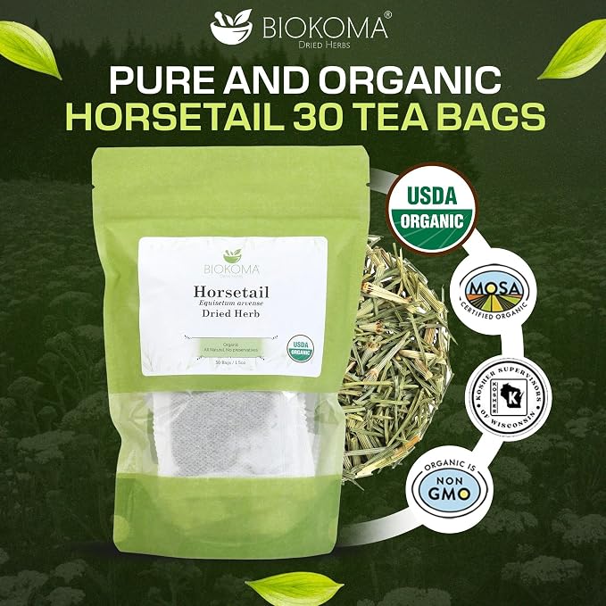 Biokoma Organic Horsetail Dried Herb 30 Tea Bags Shavegrass Equisetum Arvense USDA Organic Herbal Tea Healthy Hair Skin Nails Support Resealable Pouch Pure No Additives Non-GMO Caffeine Free Kosher