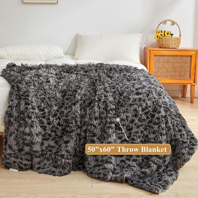 XeGe Luxury Faux Fur Leopard Print Throw, Soft 50x60 Cheetah Print Fluffy Blanket, Shaggy Plush Decorative Couch Blanket, Cute Furry Fuzzy Animal Throw for Sofa Bed, Light Grey