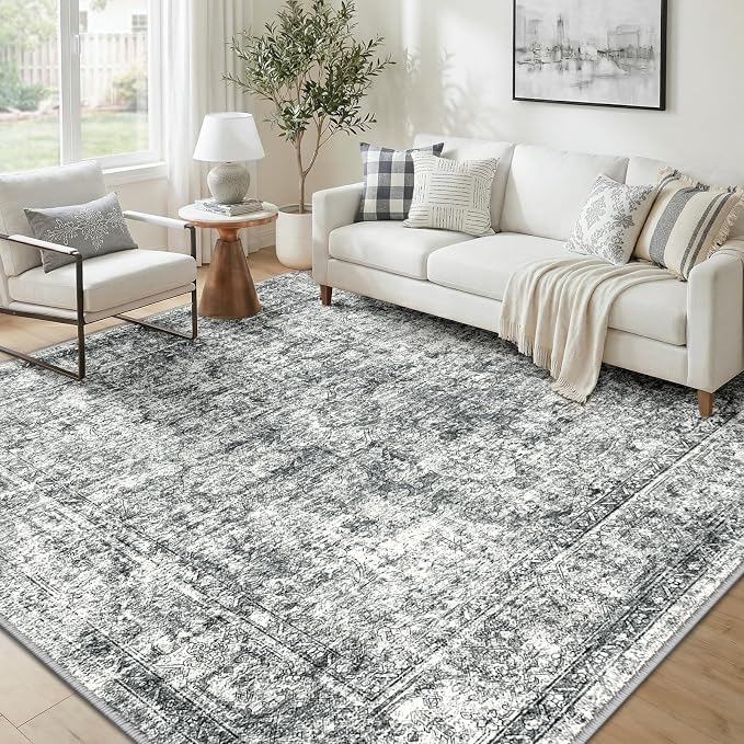 CAPALOCA Square 6ft Washable Nursery Girls Low Pile Area Rug Grey | Non-Slip Soft Rugs for Bedroom Kids Playroom Living Room, Print Pattern Water Repellent Carpet Indoor Decor