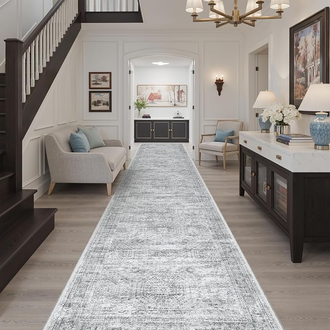 Soalmost Washable Hallway Runner Rug 3x14 Kitchen Entry Rugs Non-Slip, Grey | Vintage Long Runners 14ft for Bathroom Entryway, Foldable Low-Pile Wide Floor Carpet Mat for Corridor Living Room Bedroom
