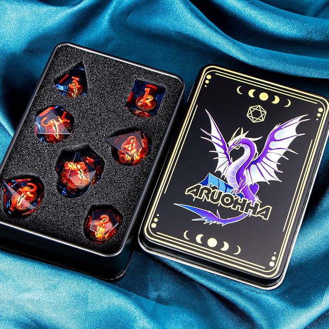 ARUOHHA DND Resin Dice Gazes Eye Dice Blue Red Liquid Core Flaming RPG Sharp Edged Dice Set with Gift Box, Polyhedral D and D Dice Set Compatible with Dungeons Dragons Role Playing Game D20 D6