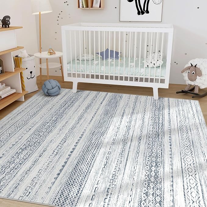 Nakagishi Boho 5x7 Area Rug Living Room Rugs Machine Washable White Blue | Soft, Pet & Kid Friendly, Carpet for Living Room/Bedroom/Office/Kitchen/Nursery, Daily Home Decor Stain Resistant Moroccan