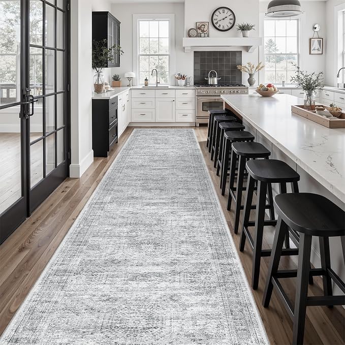 Soalmost Washable Hallway Runner Rug 3x14 Kitchen Entry Rugs Non-Slip, Grey | Vintage Long Runners 14ft for Bathroom Entryway, Foldable Low-Pile Wide Floor Carpet Mat for Corridor Living Room Bedroom