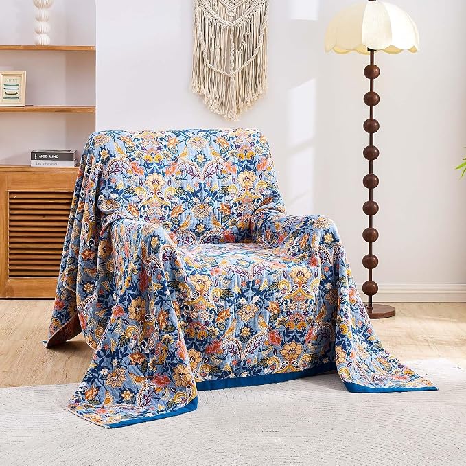 XIBLC Boho Throw Blanket for Bed, 100% Cotton Soft Rustic Quilt Fall Blanket, 80"x90" Floral Printed Farmhouse Decor Bed Blankets, All Season Rustic Reversible Bohemian Throw Quilt