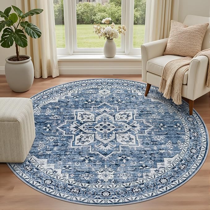 Round Area Rug for Living Room: 8 ft Washable Vintage Boho Soft Thin Circle Rug Indoor Floor No Slip Stain Resistant Carpet for Bedroom Dining Room Farmhouse Nursery Home Office - Blue