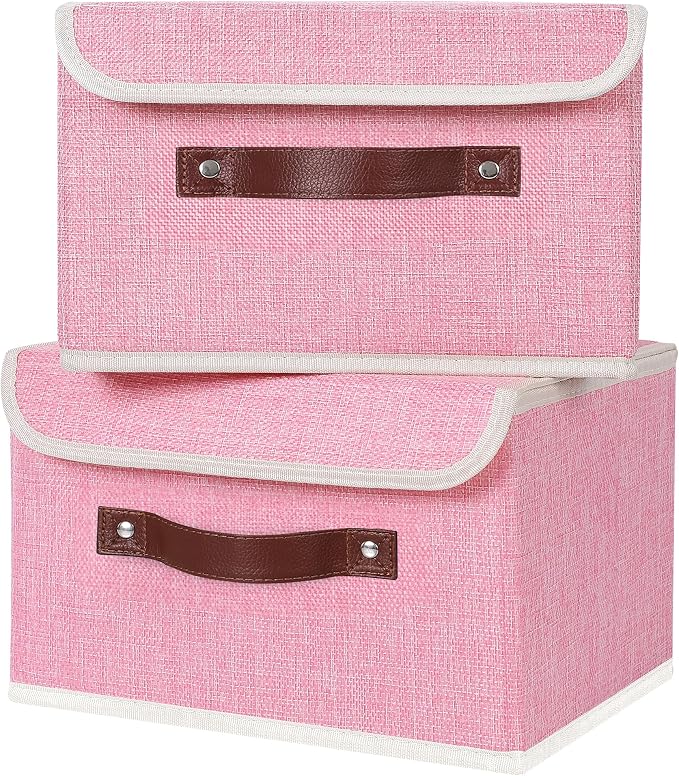 ANMINY Fabric Storage Box Bins with Lids, Pink, 10"x8"x7", 4 Pack | Keepsake Memory Storage, Cotton Linen, PP Board Reinforced, Washable, PU Handles, Foldable & Stackable, Decorative, Small