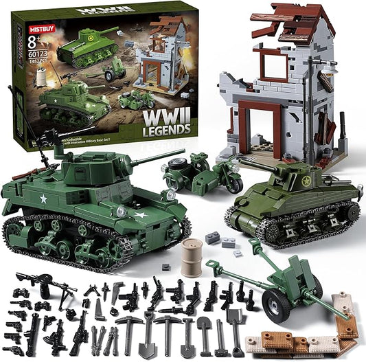 WW2 Army Tank Toys Building Sets Compatible with Lego (1452 Pieces), Includes Military Base, US Sherman & Stuart Tanks, Towed Howitzer, Motorcycle and Weapons, Great Military Toy Gifts for Boys Kids
