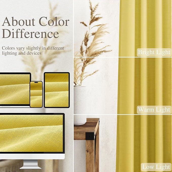 Nanspring Celery Yellow Linen Curtains 108 Inches Long 2 Panels Set Back Tab Loop Pocket Light Filtering Semi Sheer Boho Large Window Decor for High Ceiling Living Room 52x108