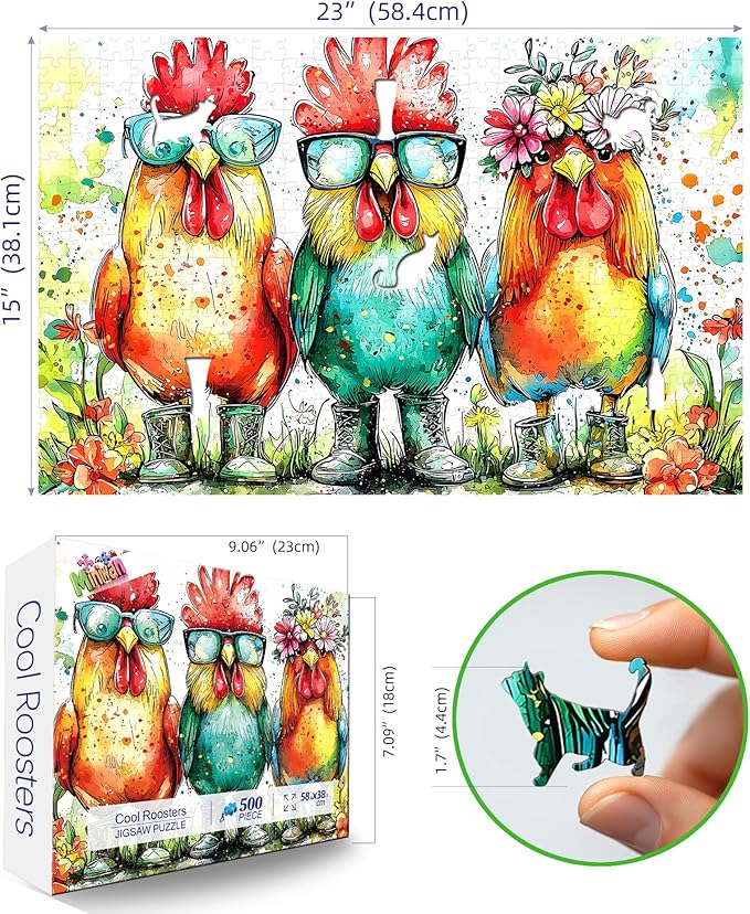 Colorful Roosters 500 Piece Puzzles for Adults Watercolor Farm Animal Jigsaw Puzzles Fun Roosters Wearing Sunglasses Puzzle with Letters on Back Challenging Family Seniors Puzzle (23"X15")