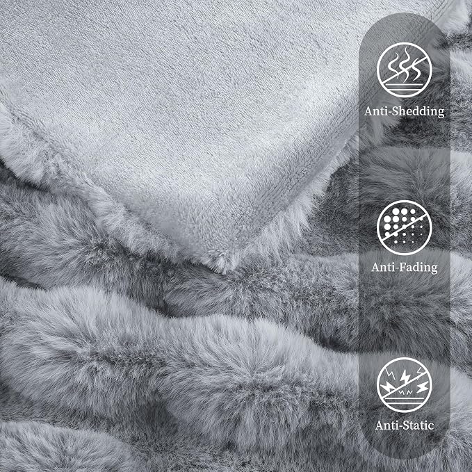 Faux Rabbit Fur Throw Blanket for Couch, Gray Throw Blankets 50"x60" | Cozy Reversible Fluffy Throw, Luxury Plush Thick Bubble Blanket, Mothers Gifts for Women, Soft Warm for Bed, Home Decor