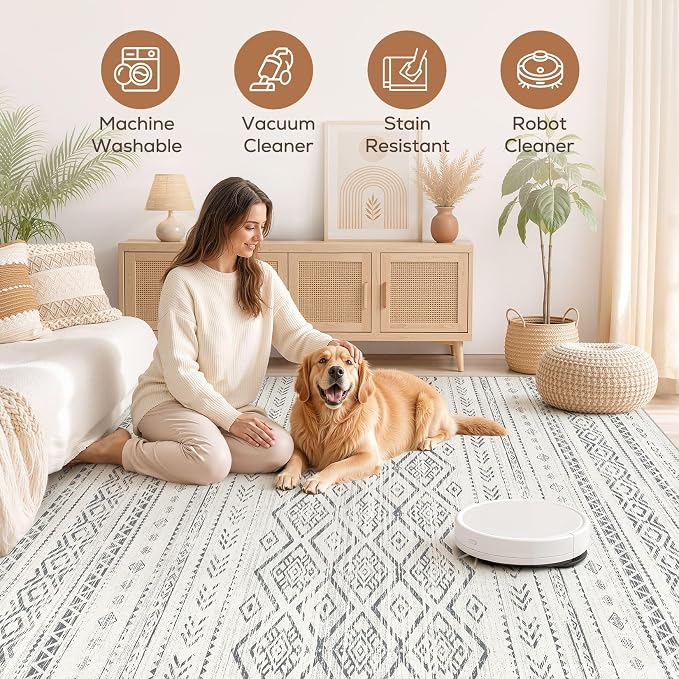 Nakagishi Area Rug Living Room Rugs: 5x7 Large Soft Machine Washable Boho Moroccan FarmNeutral Stain Resistant Indoor Floor Carpet for Bedroom Under Dining Table Home Office Decor-Grey