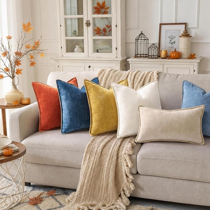decorUhome Soft Chenille Throw Pillow Covers 26x26 Set of 2 Rust | Fall Textured Decorative Throw Pillow Cases Stitched Edge Modern Farmhouse Luxury Boho Velvet for Couch Sofa Bed Home Decor