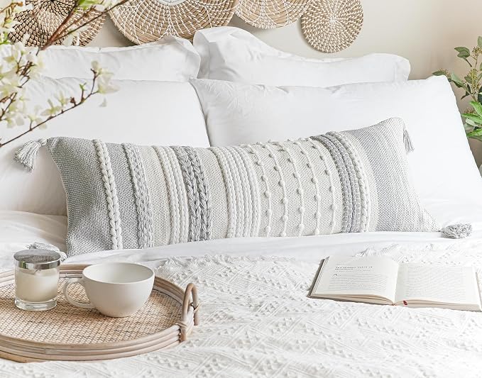 Gray Decorative Lumbar Pillow Cover 14x36, Grey Boho Long Body Pillow for Bed, Farmhouse Lumbar Throw Pillow for Couch, Modern Accent Textured Throw Pillowcase