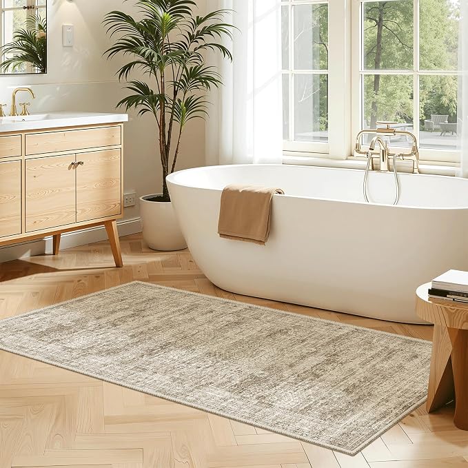 Soalmost 2x4 Washable Rugs for Kitchen, Entryway, Small Area Rug Brown | Non-Slip Vintage Low Pile Throw Door Mat For Bathroom Entry Laundry Powder Room, Stain Resistant Indoor Entrance Floor Carpet