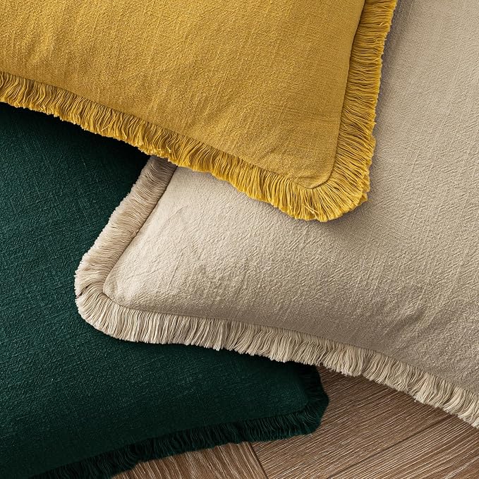 MIULEE Boho Linen Fringe Decorative Lumbar Throw Pillow Covers Beige 12x20 | Set of 2, Cottagecore Decor, Boho Farmhouse Neutral Pillow Covers, Rustic Couch Cushion Cases for Sofa Bed Living Room