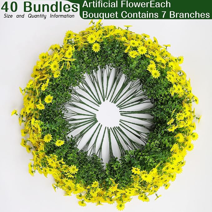 Alupssuc 40 Bundles Artificial Daisies Flowers Fake Silk Plant for Indoor Outdoor Decor, UV Resistant No Fade Faux Spring Flowers for Garden, Porch & Patio Decoration,Yellow