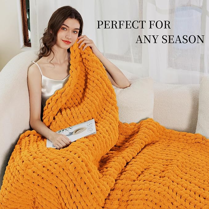 Chunky Knit Blanket Throw for Couch, 51"x63" Chunky Yarn Knitted Blankets | 100% Hand Knit Thick Chenille, Soft Breathable for Bed, Sofa, Home Decor, Cozy Gifts for Women Friends, Orange