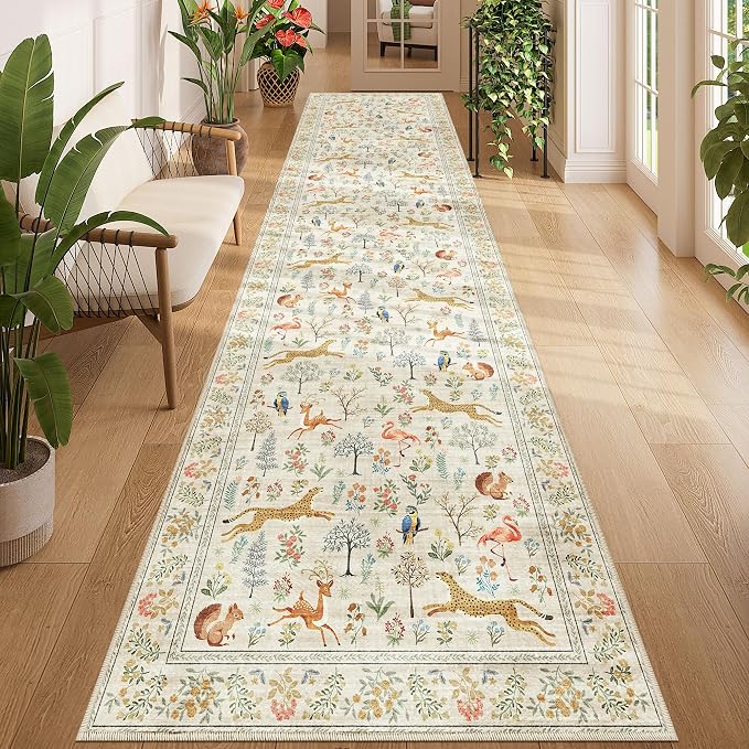 DUKINO 3x12 Runner Rug for Hallway, Washable Animal Rug for Kitchen, Beige | Non Slip, Low Pile, Soft Indoor Long Carpet for Entryway, Bedroom, Bathroom, Laundry, Ultra-Thin Pet Friendly, Non-Shedding