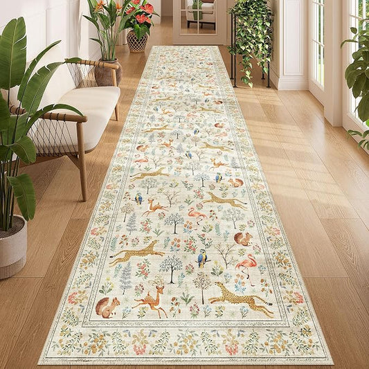 DUKINO 3x12 Runner Rug for Hallway, Washable Animal Rug for Kitchen, Beige | Non Slip, Low Pile, Soft Indoor Long Carpet for Entryway, Bedroom, Bathroom, Laundry, Ultra-Thin Pet Friendly, Non-Shedding