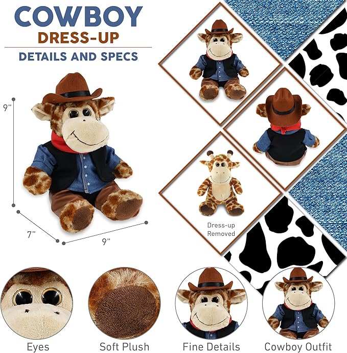 DolliBu Sitting Giraffe Stuffed Animal Cowboy Plush with Name Personalization - Western-Themed Giraffe Plush with Cute Cowboy Costume Denim Shirt Vest, Bandana, Leather Pants, and Hat - 9 Inches