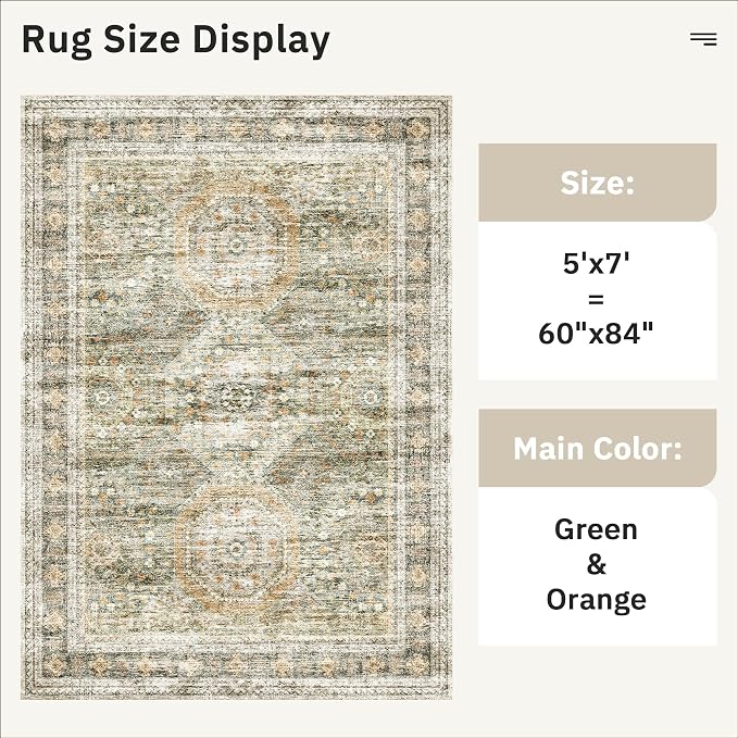 Soalmost 5x7 Area Rug Green/Orange Low Pile Washable Trendy Faded Style Rug | Vintage Non-Slip Indoor Accent for Bedroom Dining, Foldable Stain Resistant Floor Carpet Mat Under Table Home Office Decor